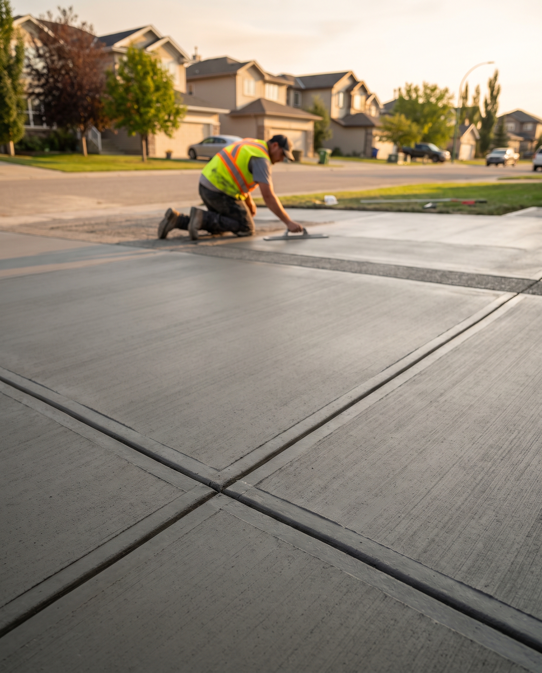 A freshly poured concrete driveway in a Calgary neighbourhood, smooth finish, broom texture, summer light, completed work